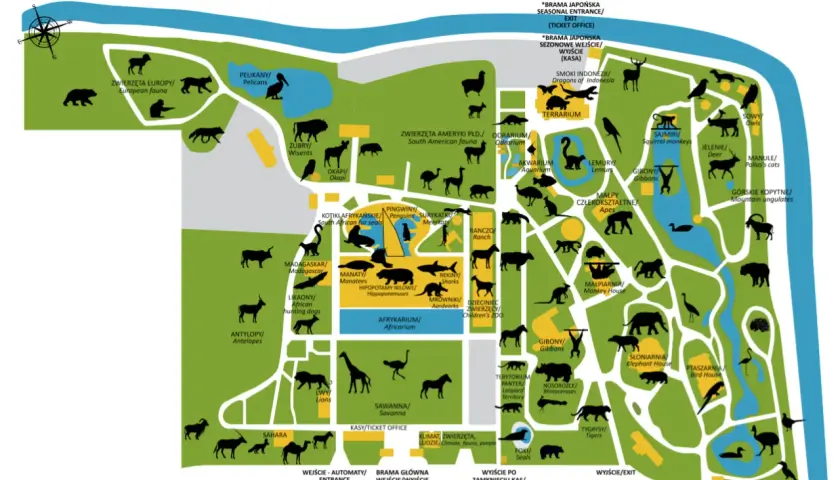 Mapa największego zoo w Polsce z zaznaczonymi zwierzętami: od lwów i tygrysów po pelikany i małpy.