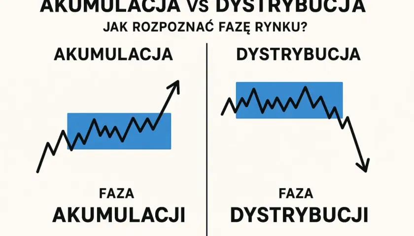 Wykresy ilustrujące fazę akumulacji (wzrost) i dystrybucji (spadek) na rynku. Kolejność faz jest kluczowa.