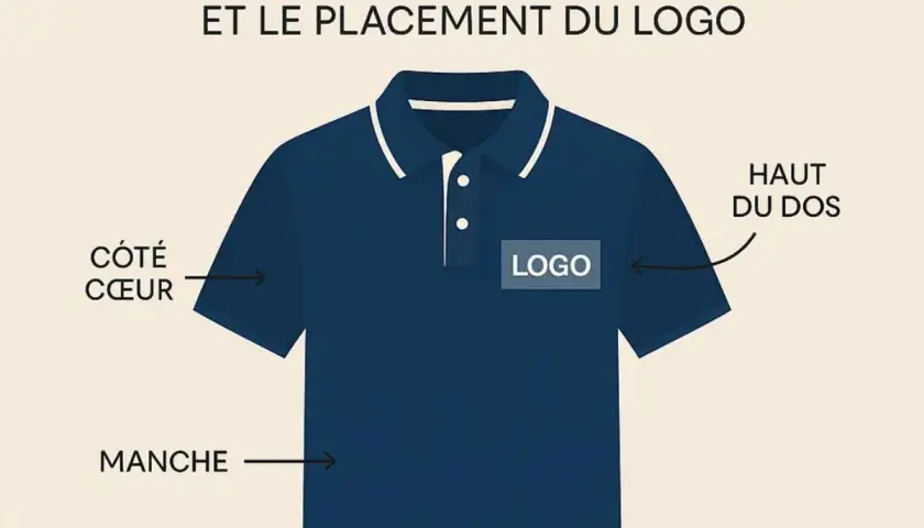 Guide pour le placement du logo sur un polo bleu. Indique les zones : côté cœur, manche, haut du dos.
