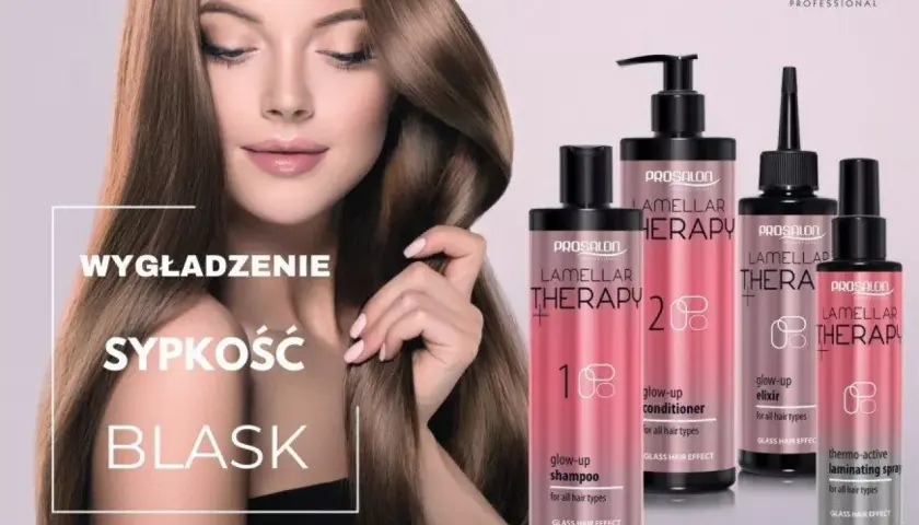 Kobieta z lśniącymi włosami i serią kosmetyków Prosalon Lamellar Therapy. Dowiedz się, co to woda lamelarna i jak działa.