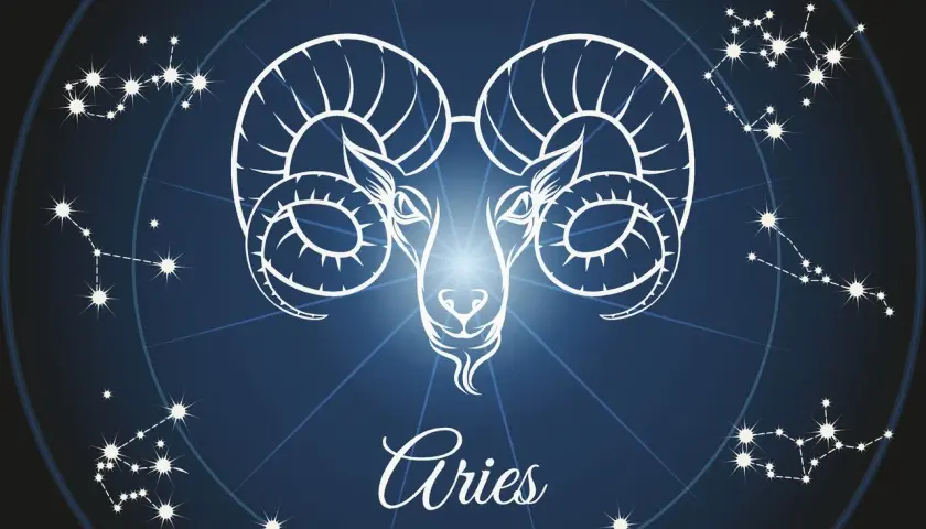 Symbol barana, zodiakalny marzec znak zodiaku, otoczony konstelacjami na tle nocnego nieba.