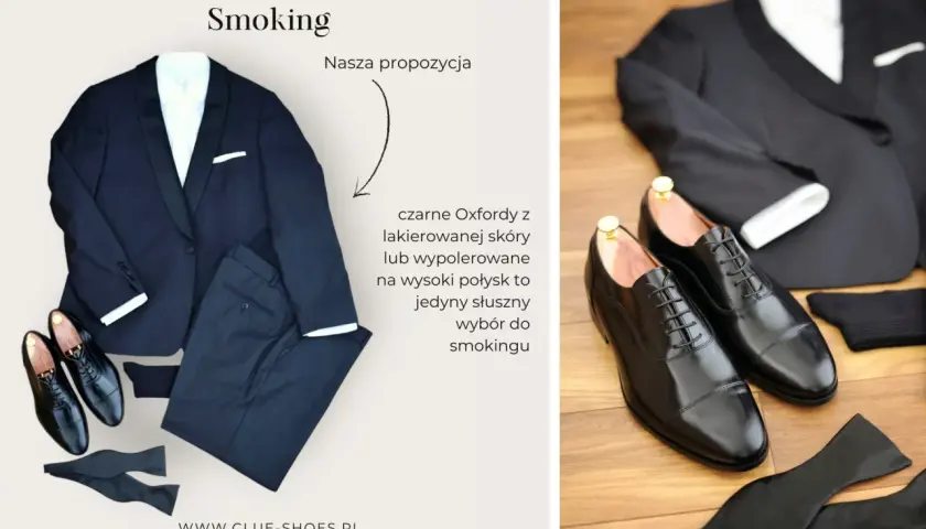 Elegancki smoking z białą koszulą, czarną muszką i czarnymi, lakierowanymi oksfordami. Idealne buty do smokingu.