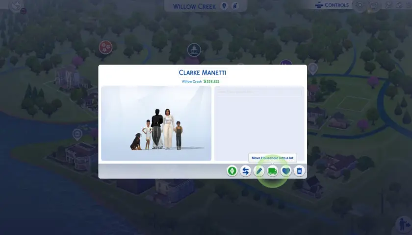 Rodzina Clarke Manetti na mapie Willow Creek. Kliknij ikonę ołówka, by dowiedzieć się, jak edytować sima podczas gry Sims 4 kodem.