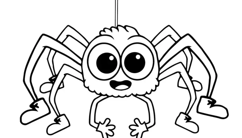 Una simpática araña para colorear, colgando y lista para ser pintada.