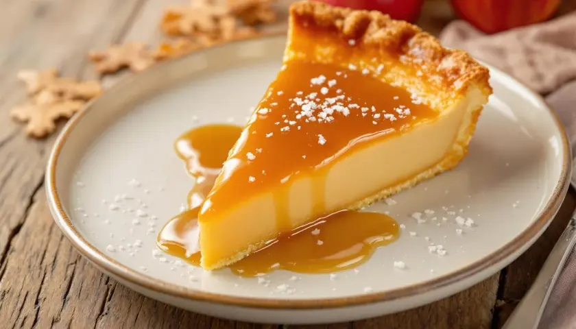 Tranche de tarte crémeuse nappée d'une sauce onctueuse pour rattraper le caramel brûlé. Saupoudrée de sel fin.