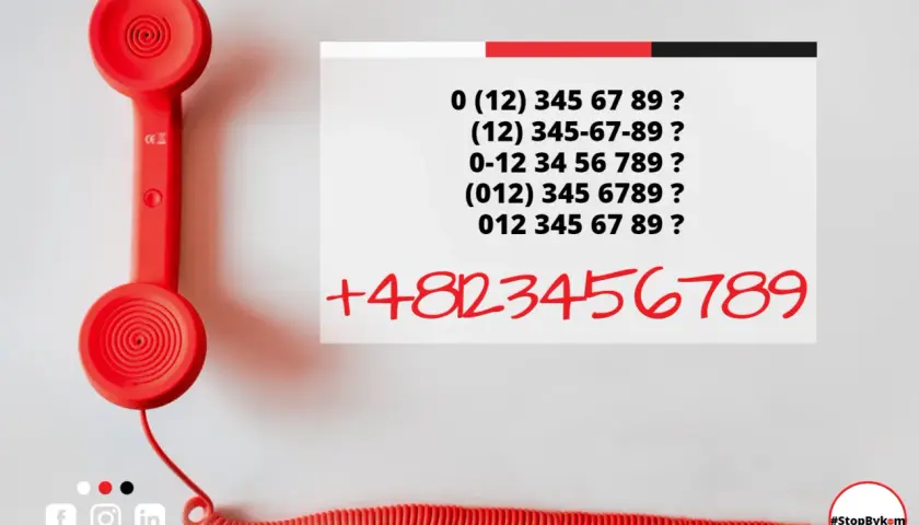 Czerwona słuchawka telefonu i lista numerów, w tym kierunkowy 58.