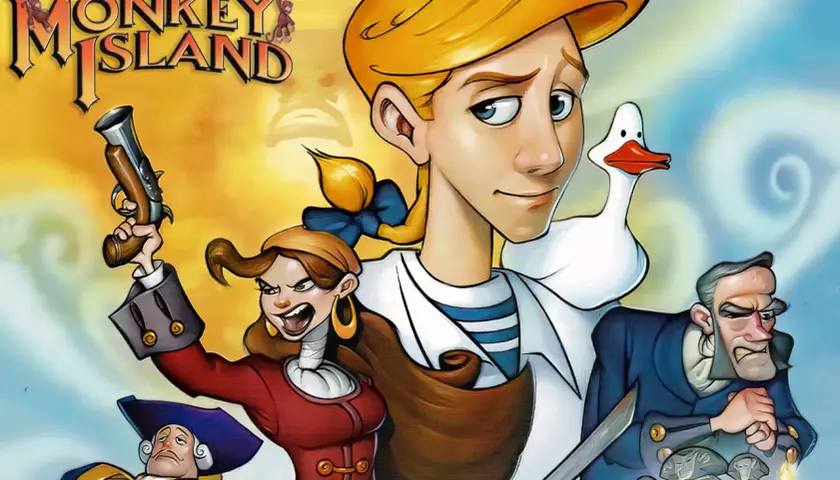 Postacie z gry Escape from Monkey Island: Guybrush Threepwood, Elaine Marley z pistoletem, dziwny mężczyzna w niebieskim stroju i gęś.
