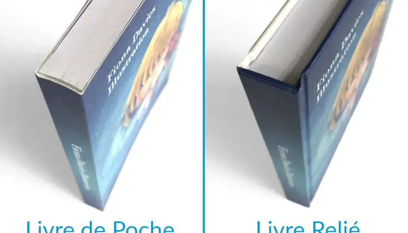 Comparaison visuelle : la différence entre broche et poche. Un livre de poche à gauche, un livre relié à droite, montrant leurs couvertures distinctes.