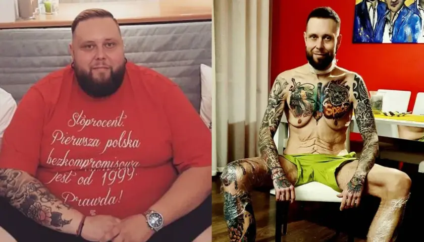 Przed i po: big boy ile schudł. Widoczna ogromna metamorfoza, mężczyzna zrzucił wiele kilogramów, prezentując swoje tatuaże.