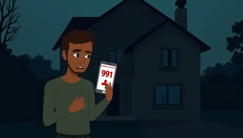 Mężczyzna trzyma telefon z numerem 991 na tle ciemnego domu.