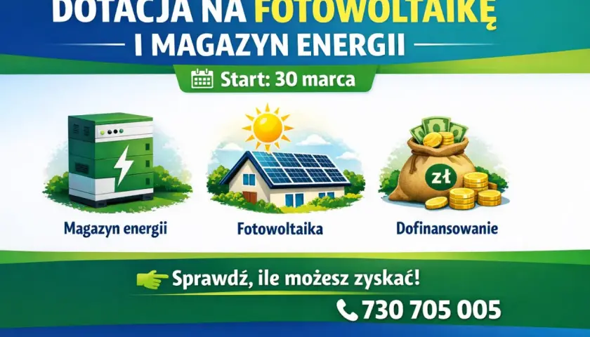 Ilustracja przedstawia magazyn energii, dom z fotowoltaiką i worek pieniędzy.