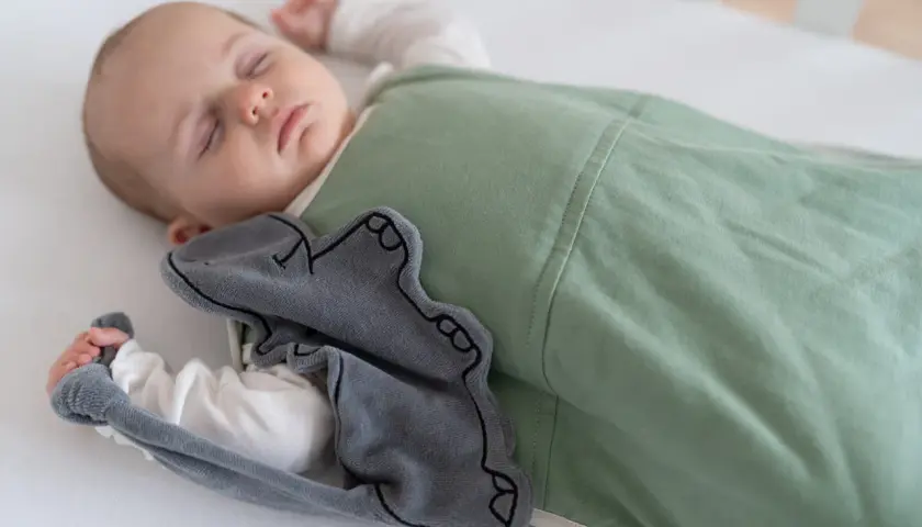A baby sleeps soundly in a green sleep sack, a grey elephant toy peeking out. This image inspires thoughts on how to make baby clothes.