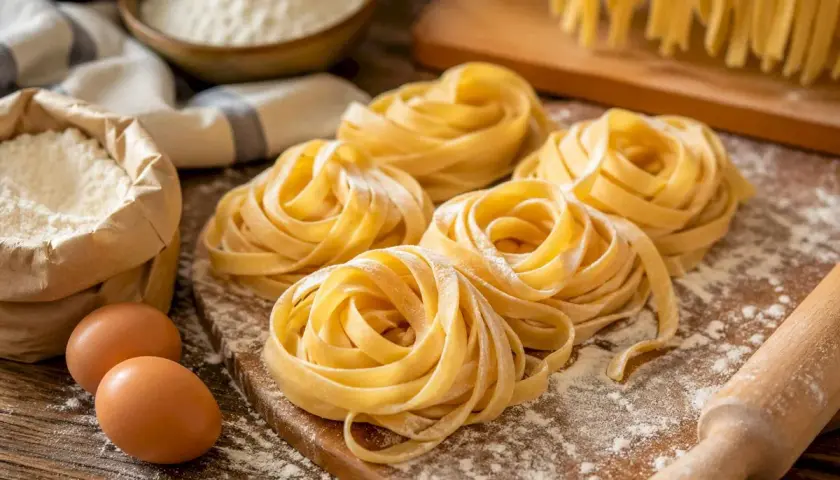 Nidi di pasta fatta in casa, farina, uova e mattarello su un tagliere di legno.