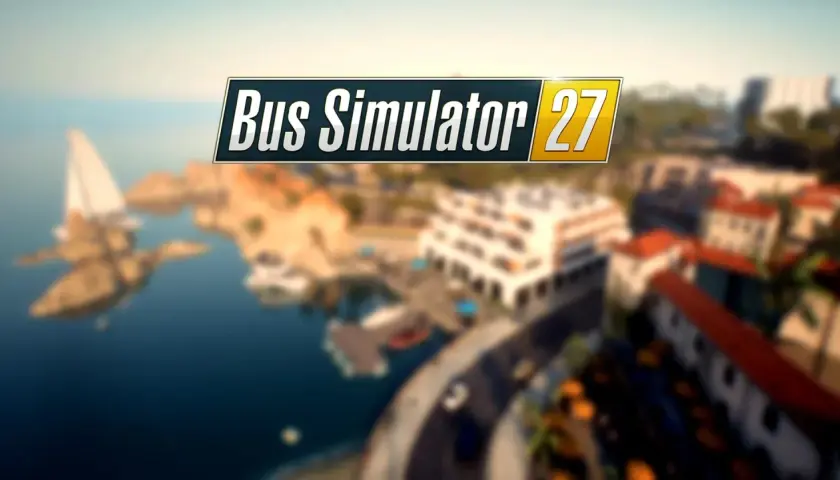 Titelbild für Bus Simulator 27: Eine Küstenstadt mit Yachten und Gebäuden.