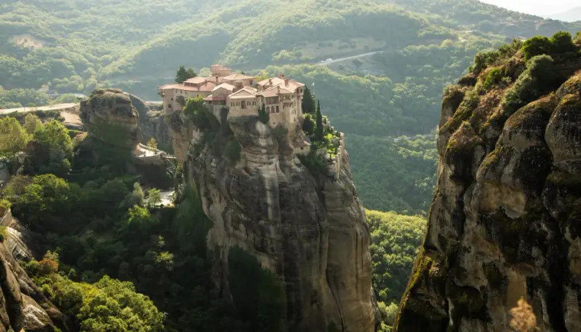 A breathtaking view of the Meteora monasteries perched atop towering rock formations, a must-see for any Greece meteora guide.
