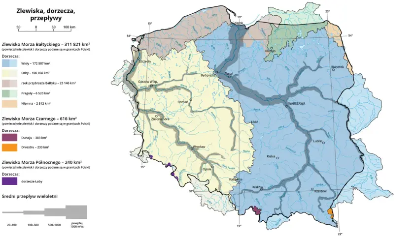 Mapa Polski z zaznaczonymi zlewiskiem Bałtyku, Morza Czarnego i Północnego oraz głównymi rzekami.