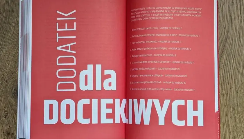 Dodatek dla dociekliwych. Spis treści książki o inwestowaniu, zawierający rozdziały o akcjach, obligacjach, surowcach i funduszach ETF.