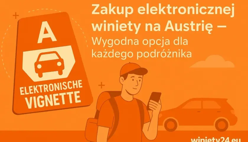 Pomarańczowe tło z ikoną winiety elektronicznej Austrii, podróżnikiem z telefonem i samochodem.