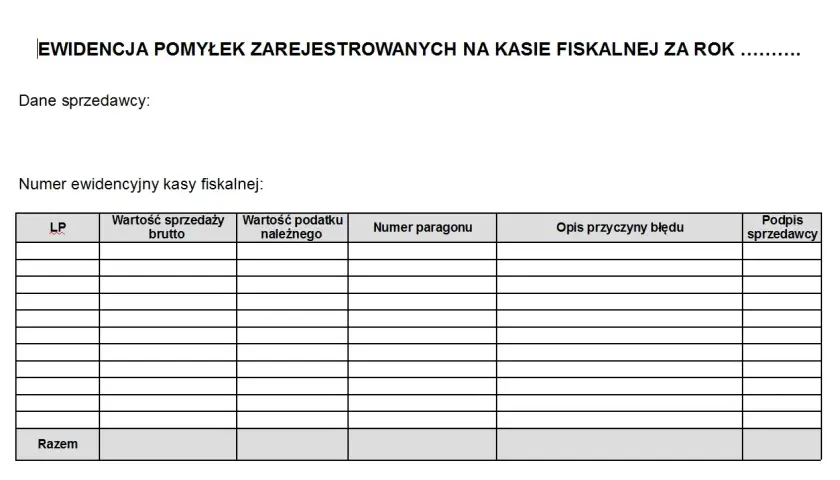 Formularz ewidencja pomyłek na kasie fiskalnej. Tabela zawiera kolumny: LP, wartość sprzedaży brutto, wartość podatku należnego, numer paragonu, opis przyczyny błędu, podpis sprzedawcy.