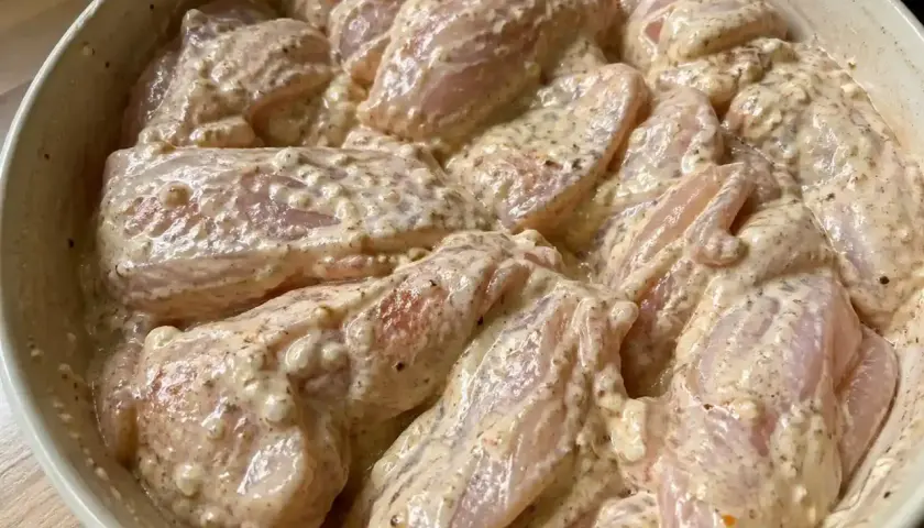 Råa kycklingbitar i en krämig marinad. Denna yoghurtmarinerade kyckling ser ut att bli otroligt saftig och smakrik.
