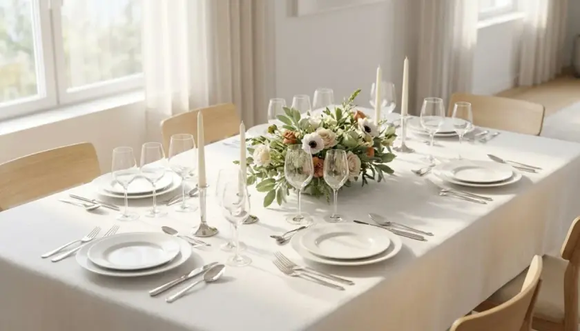 Un dressage de table simple avec des assiettes blanches, des verres à pied, des bougies et un centre de table floral.
