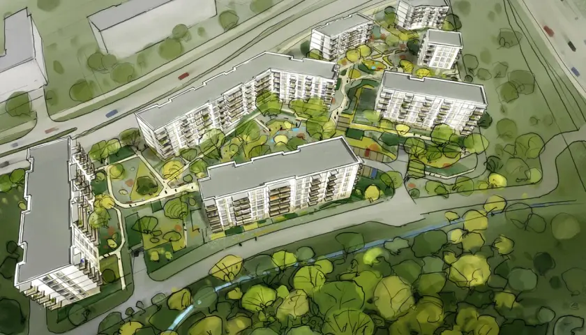 Wizualizacja osiedla Harmonia Mokotów: nowoczesne budynki mieszkalne otoczone zielenią i placami zabaw.