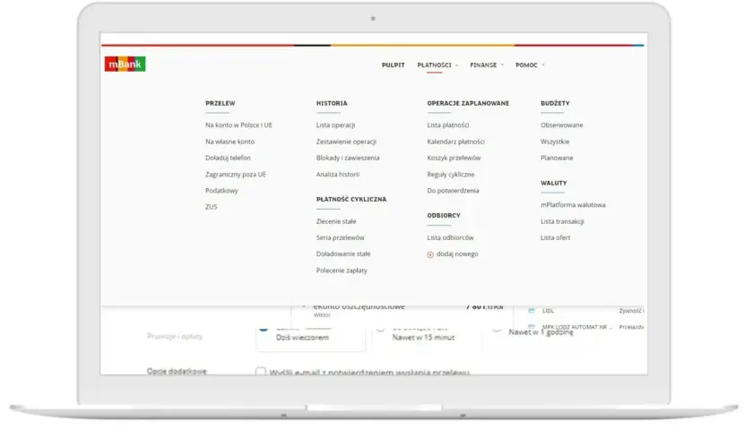 Menu mBank: przelewy, historia, płatności cykliczne, odbiorcy, operacje zaplanowane, budżety, waluty. Jak wyłączyć dzienny wykaz operacji mbank?