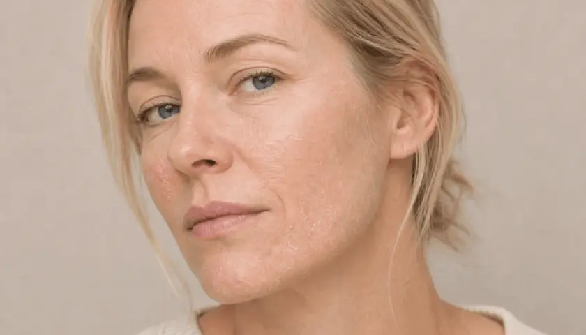 Närbild på en kvinna med torr hud som kan dra nytta av fuktbindande ingredienser som sodium hyaluronate.