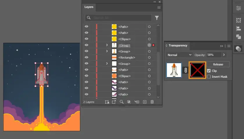 Illustrator: Rakete startet, Wolken steigen auf. Ein Masken-Symbol mit rotem Kreuz ist sichtbar, bereit, eine Maske zu erstellen.