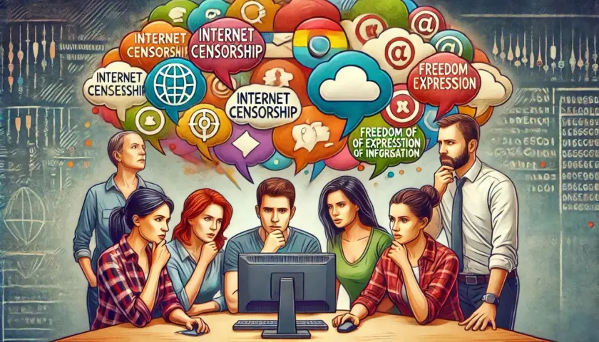 Grupa ludzi dyskutuje o tym, czy ustawa o cenzurze internetu faktycznie pozwoli urzędnikom blokować wpisy, podczas gdy chmury myśli symbolizują wolność słowa i cenzurę.