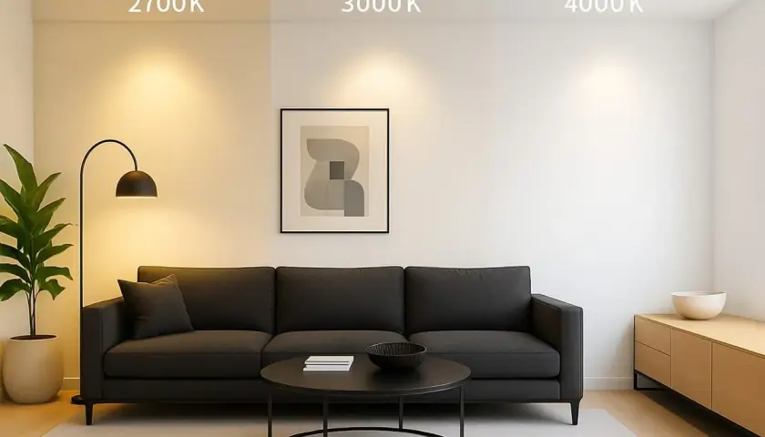 Salon z kanapą i stolikiem, porównanie efektów oświetlenia: 2700K (ciepłe), 3000K (neutralne) i 4000K (zimne). Różna temperatura barwowa światła.