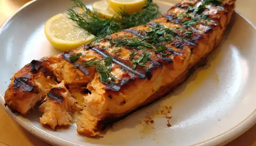 En perfekt grillad laxsida med krispiga grillränder, garnerad med dill och citronklyftor.