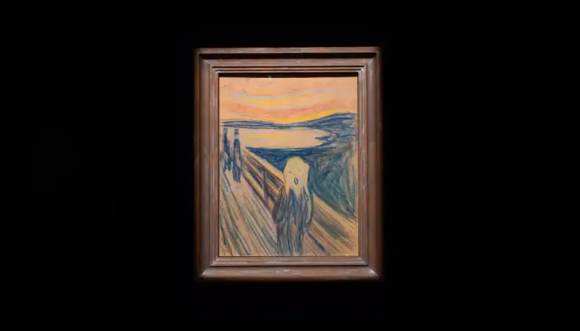 Obraz "Krzyk" inspirowany Van Goghiem, przedstawia przerażoną postać na tle krwawego nieba.
