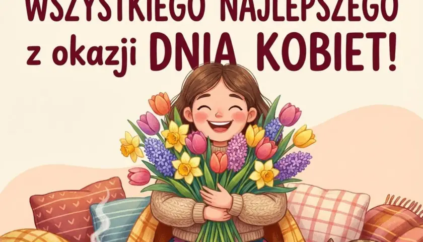 Wesołe życzenia na Dzień Kobiet dla koleżanki! Uśmiechnięta dziewczyna z bukietem wiosennych kwiatów, kotek i kubek gorącej czekolady.