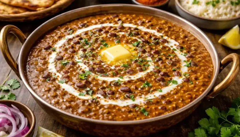 En stor skål med krämig dal makhani, toppad med smör och koriander. Serveras med ris, naan och lök.