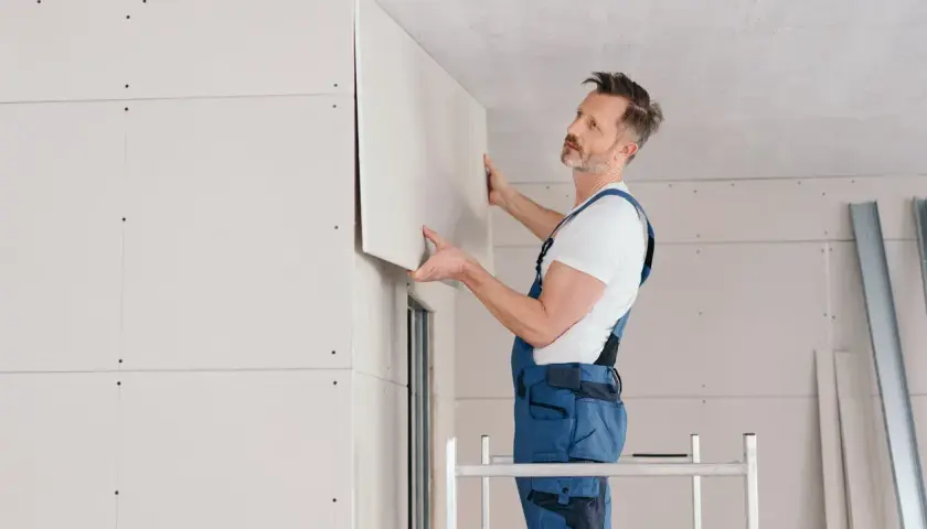 Operaio in tuta blu posiziona un pannello di cartongesso sul soffitto, completando il lavoro di fissare cartongesso direttamente su parete.