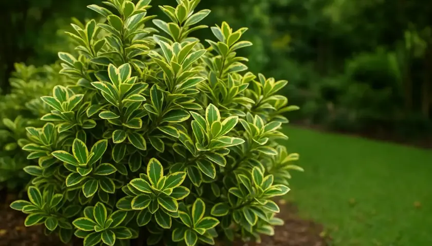 Un arbuste d'Euonymus japonicus aux feuilles vertes et jaunes bordées de vert vif, dans un jardin verdoyant.