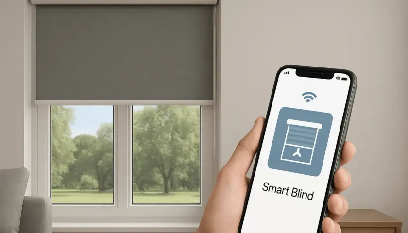 Sterowanie automatyczną roletą wewnętrzną za pomocą smartfona. Widok na okno z zielenią w tle.