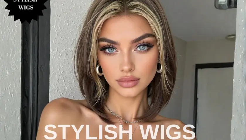 Modelka z rozjaśnioną grzywką i niebieskimi oczami prezentuje peruki "Stylish Wigs".