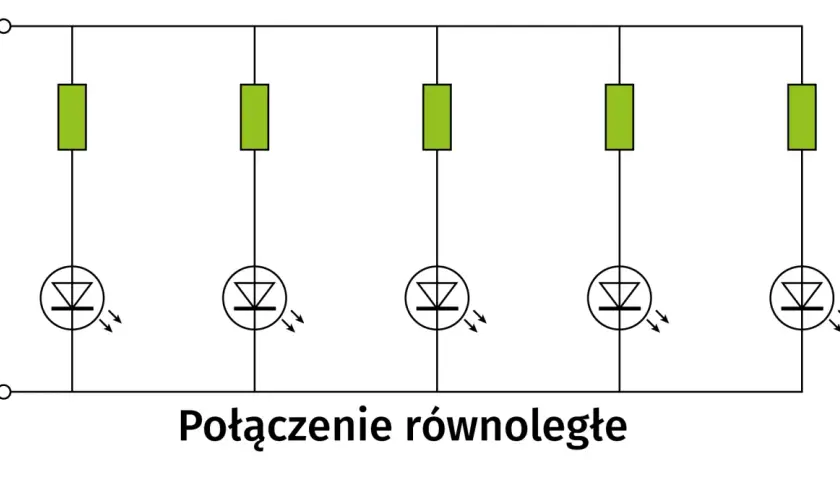 Schemat połączenia równoległego pięciu rezystorów i diod. Każda dioda świeci niezależnie.