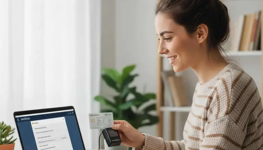 Mujer sonríe mientras usa su tarjeta de identificación para firmar PDFs en su laptop.