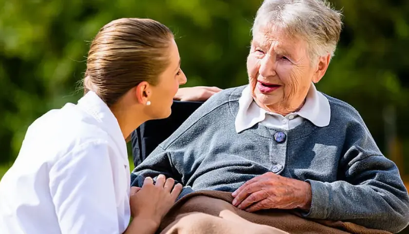 Pflegekraft spricht einfühlsam mit älterer Dame, Validation Demenz im Fokus.