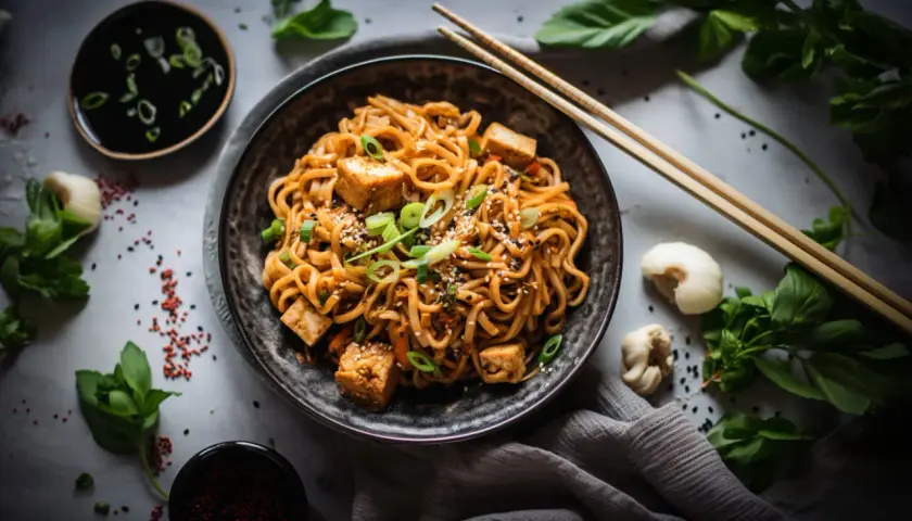 Miseczka pełna aromatycznego **udon z tofu**, posypana szczypiorkiem i sezamem. Obok pałeczki i sos sojowy.