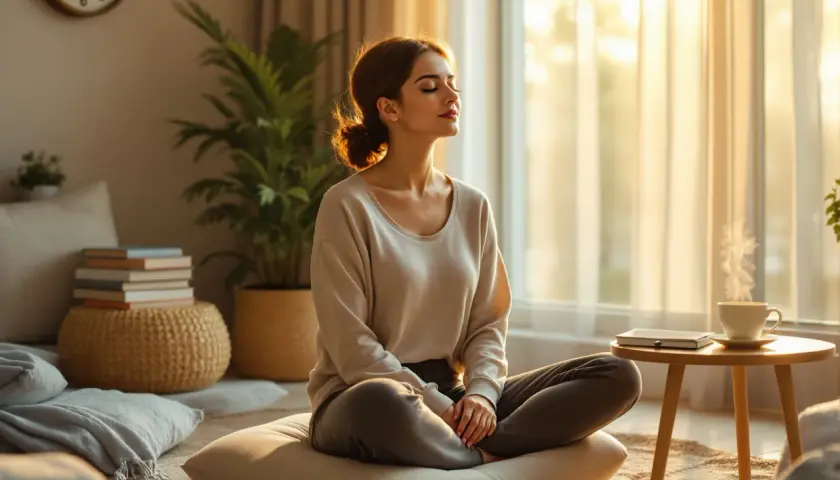 Kobieta medytuje w pokoju, czując spokój. To właśnie mindfulness – świadome bycie tu i teraz.