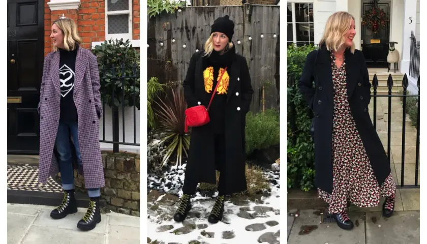 Three women in stylish outfits featuring hiking boots.