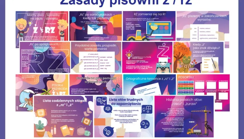 Zasady pisowni ż/rz: "rz" po spółgłoskach, zamiana "sz" na "rz", kiedy "ż" brzmi jak dźwięk "sz", czytanie na głos pomaga wyłapać błędy, ortograficzne łamańce, lista trudnych słów.