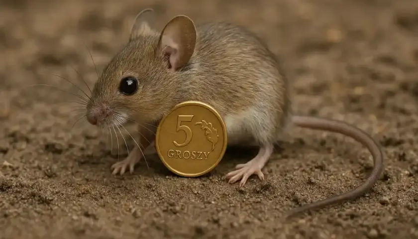 Mała mysz polna z monetą 5 groszy. Ciekawe, ile żyje mysz polna, czy dłużej niż ta moneta?