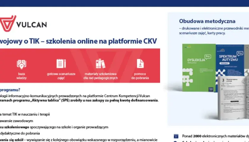 Logo eduSens LAB VULCAN, ikony: szkolenia, baza wiedzy, scenariusze, materiały, pomoc. Obok książki: DYSLEKSJA, SPEKTRUM AUTYZMU, MATŚWIAT.
