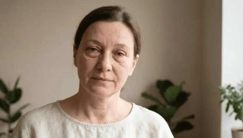 Frau mit leicht geschwollenem Augenlid, fragt sich: geschwollenes Augenlid wann zum Arzt? Sie blickt nachdenklich in die Kamera.