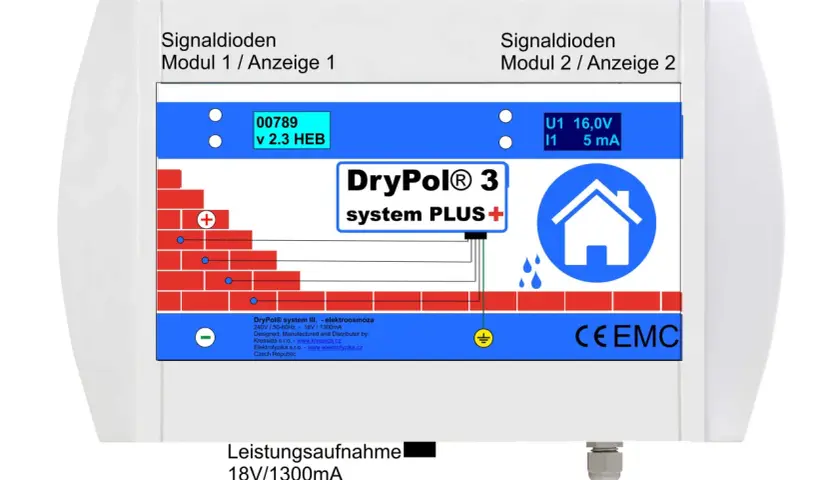 Erfahrungen mit Elektro-Osmose Mauertrockenlegung: Das Gerät DryPol® 3 system PLUS zeigt Spannungs- und Stromwerte an.